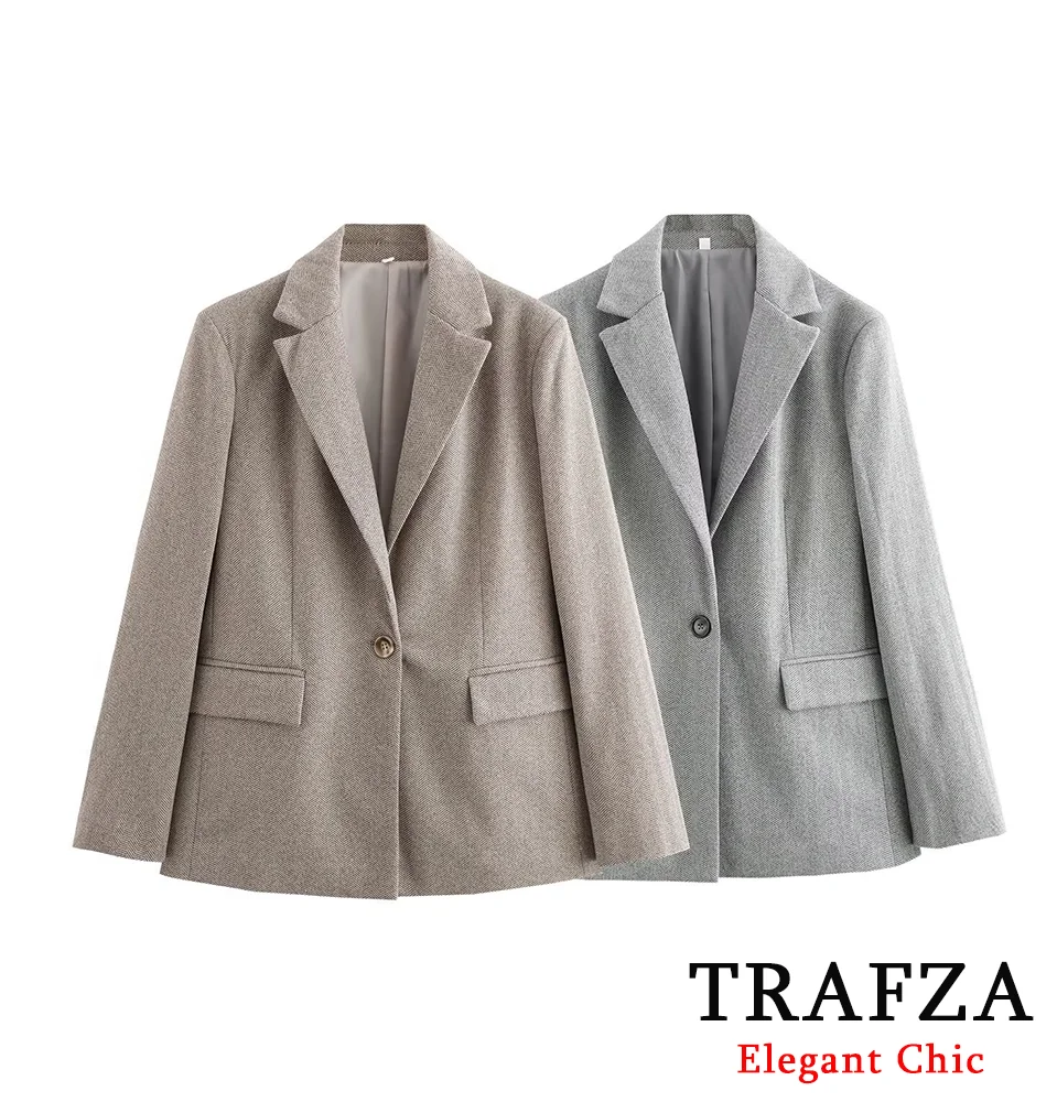 TRAFZA Women Vintage Herringbone Blazer Lapel Pockets Blazer with Lined New 2024 Fall Winter Fashion Casual Elegant Blazer