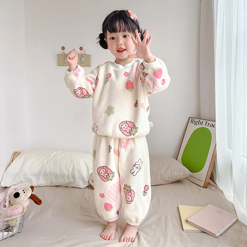 

Домашняя одежда для девочек, осенне-зимний пижамный комплект из кораллового флиса, милый мультяшный домашний теплый утепленный детский костюм, новая мода