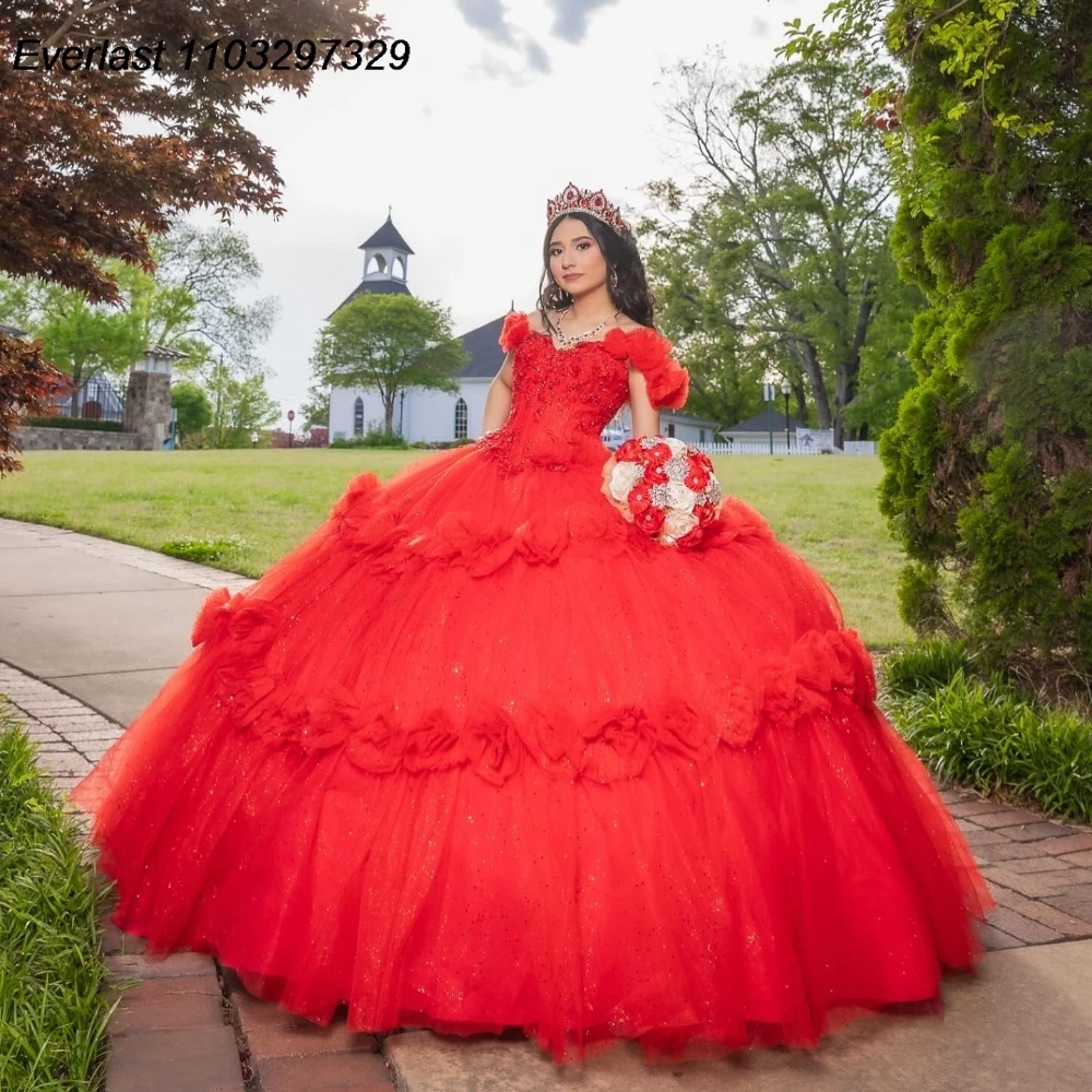 فستان Quinceanera أحمر لامع من EVLAST ، ثوب الكرة ، مزين بالدانتيل ، مشد الكشكشة المزخرفة ، المكسيكي الحلو 16 ، 15 سنة ، QD1154