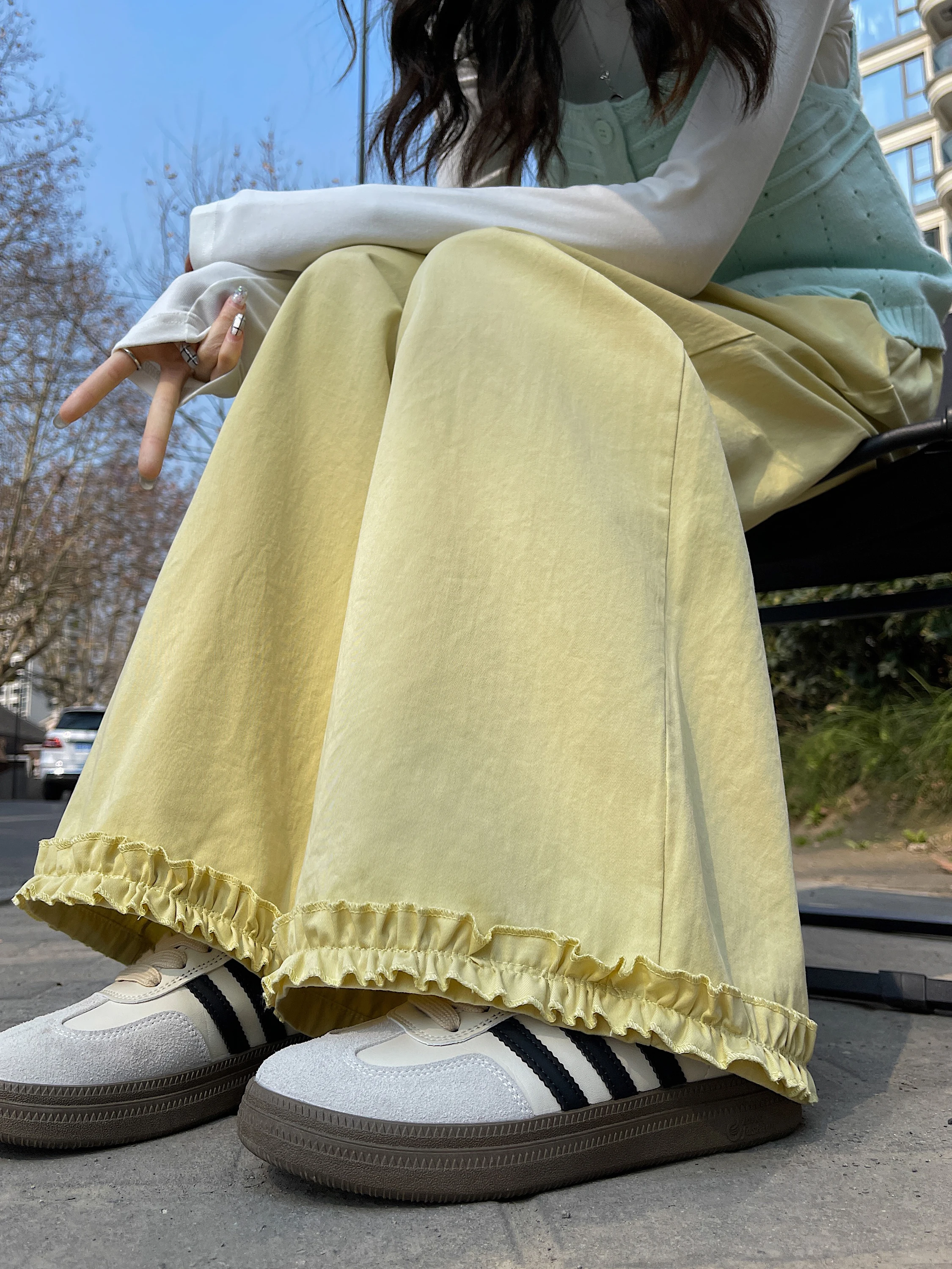 

Yellow Washed Cotton Wide Leg Pants Women's Summer 2026 New Small Size Versatile Straight Hem Midi Casual Trousers