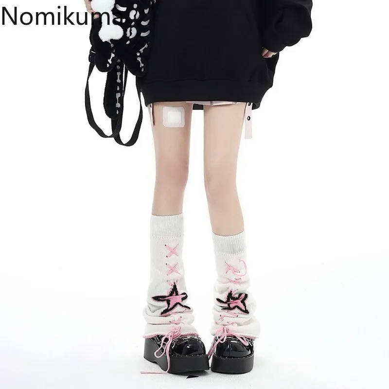 Women Sweet Y2k Aesthetic Star Leg Warmers Japanese Ankle Warmer Knee High Knitted Foot Cover Bandage Print Autumn Long Socks