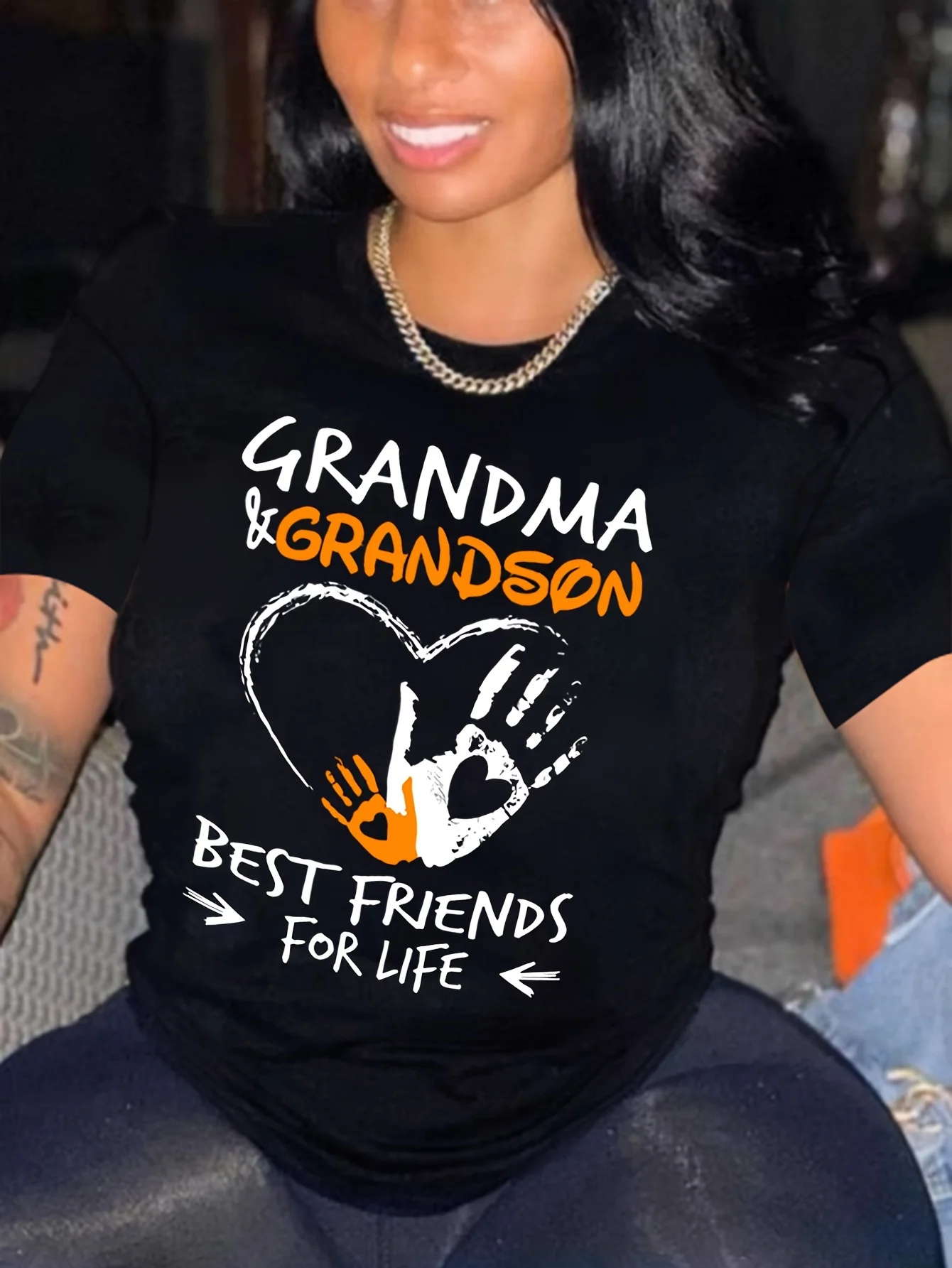 Grandma & Grandson Print Crew Neck T-shirt, Casual Short Sleeve Drop Shoulder Top, Women's Clothing