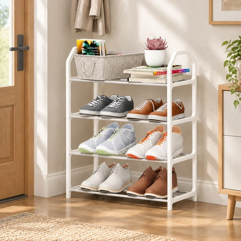 Space-Saving 4-Level Shoe Rack Featuring Trapezoid Metal Frame for Home and Living Area Organization