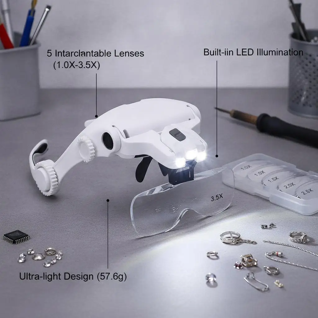 LED Head Magnifier with 5 Lenses 10X to 35X Adjustable Focus Hands Free Loupe for Precise Work Ideal for Crafts and Close Detail  Magnification Glasses for Hobbyists and Professionals  Lightweight Comfortable Wear
