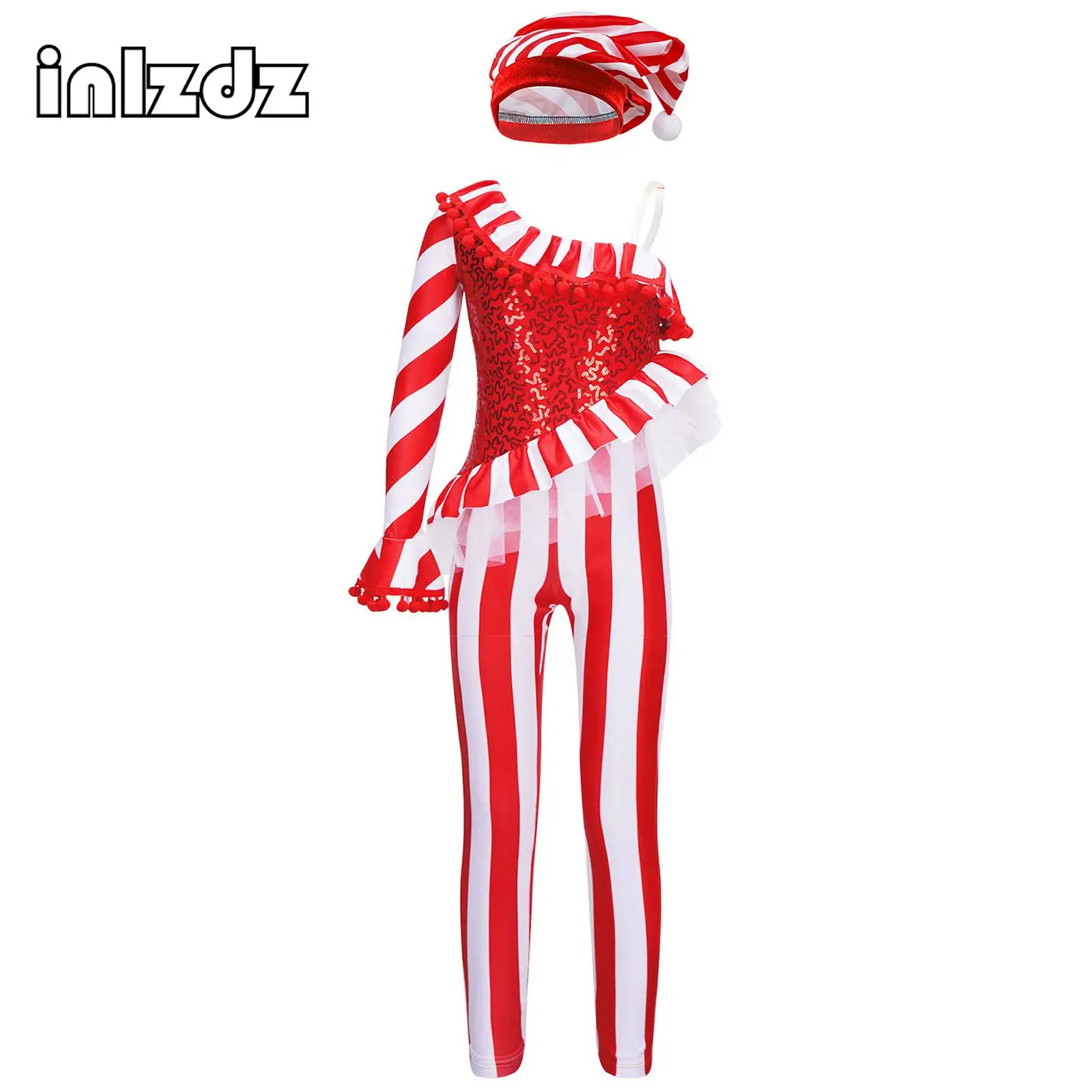 Kids Girls Christmas Full Bodysuit Candy Cane One Shoulder Sequins Ballet Dance Leotard Gymnastics Jumpsuit Xmas Party Dancewear