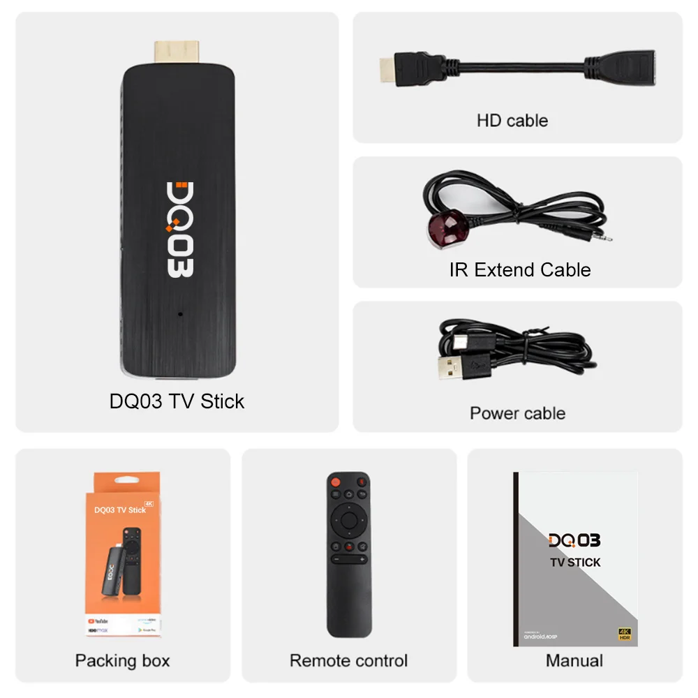 DQ03 Mini TV Stick Android 10 with Quad Core ARM Cortex A53 CPU 2GB 16GB Support 4K@60fps HDR10+ H.265 2.4G&5.8G Dual Wifi Porta
