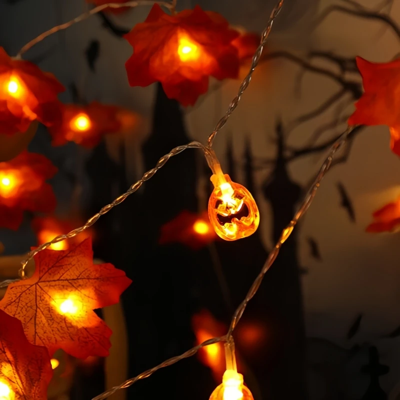 Maple Leaf Pumpkin String Lights Halloween LED Battery Operated Warm White Fairy Lights Autumn Home Decorations