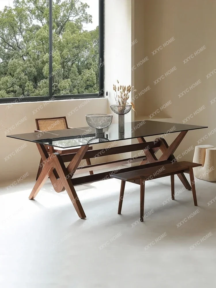 Minimalist Rectangular Glass Dining Table  Black Walnut Solid Wood Dining Table