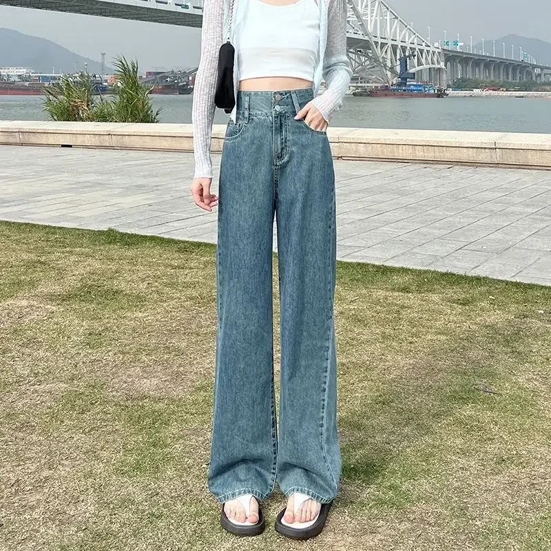 Damskie koreańskie jeansy z wysokim stanem, wiosenne nowe modne vintage Harajuku luźne jeansy białe spodnie czarne spodnie Y2k streetwear