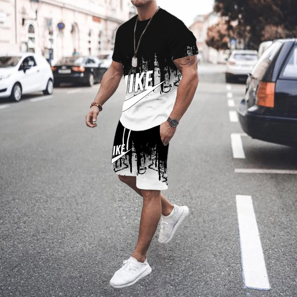 

2024 New Man Summer Short Sleeve T-shirt Fashion Sports Set Breathable T-shirt + Shorts Sports Two-piece Set