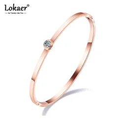 Lokaer Trendy Rose Gold Plated Stainless Steel Bangles For Women Mosaic Cubic Zirconia Simple Cuff Bracelet Jewelry Gifts B18103