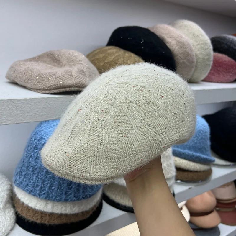 قبعة متماسكة من مزيج الصوف للنساء لخريف وشتاء، قبعة رسام بيريه دافئة مطرزة، قبعة صغيرة بنمط منقوش مخطط
