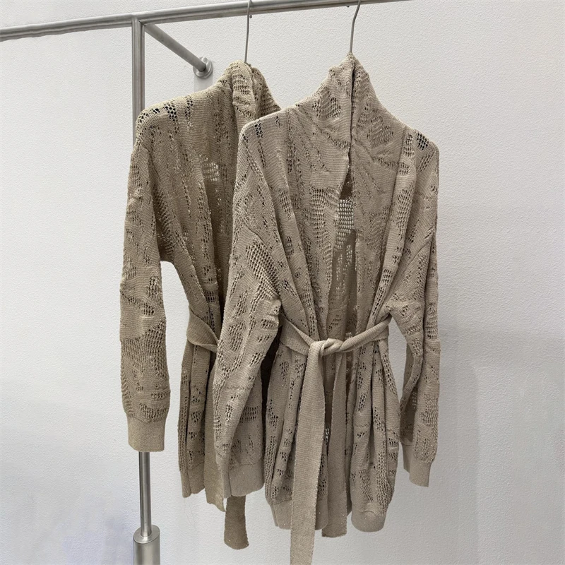 

High-quality retro hollowed-out matte yarn sequin knit cardigan women's fashionable casual loose linen blend tie-waist knit coat