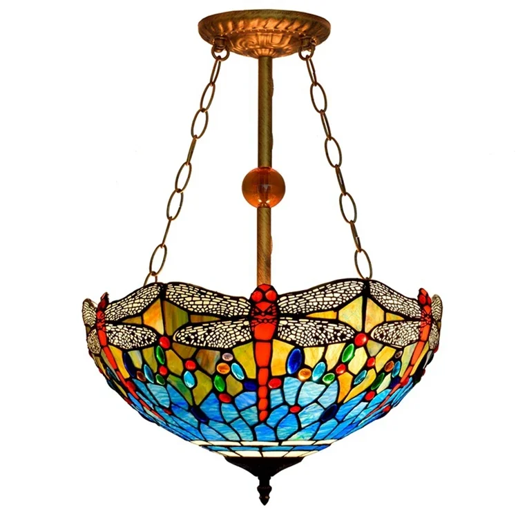 Tiffany Ceiling Light Fixture Yellow Blue Stained Glass Dragonfly Semi Flush Mount Lamp Wide 16 Inch Tiffany Ceiling Lamp