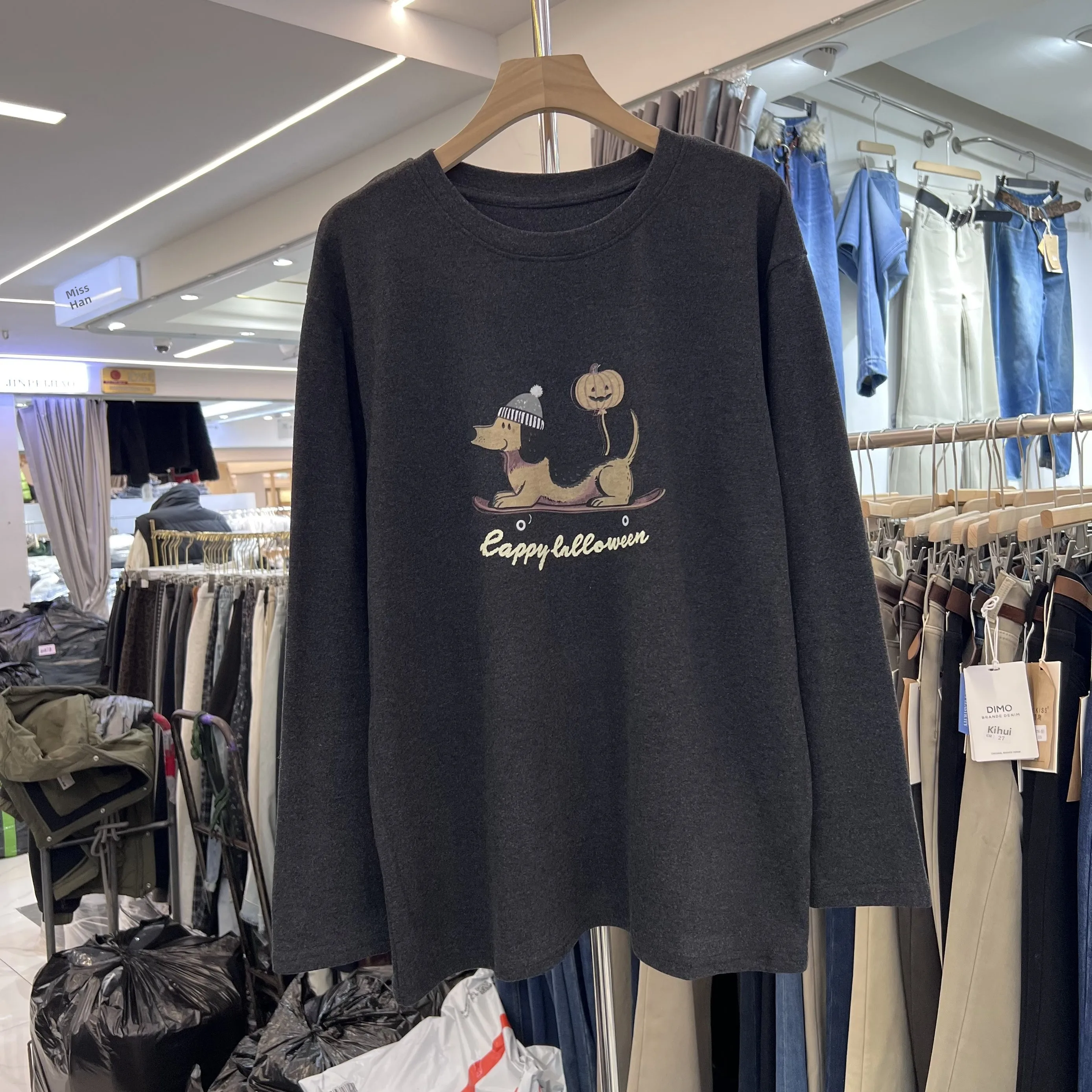 

Korean Sle round Ne Long Sve T-irt loween Dog Print Loose Fit mid Length Women's Top Cotton Polyester Blend