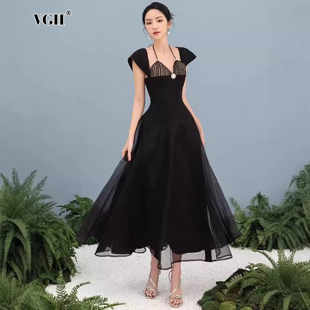 

VGH Solid Elegant Evening Dresses For Women Halter Short Sleeve Backless High Waist Spliced Lace Up Temperament Dress Female New