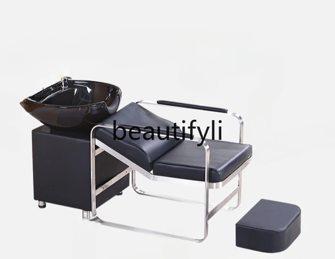 

High-grade shampoo bed barber shop special stainless steel semi-lying ceramic deep basin hair salon flush bed