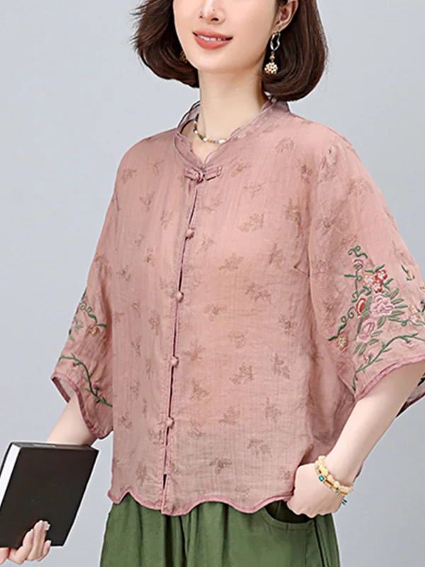 chemise-femme-brode-style-chinois-nouvelle-collection-Ete-2025-coupe-ample-lin-pur-decontractee-manches-trois-quarts-boutonnee