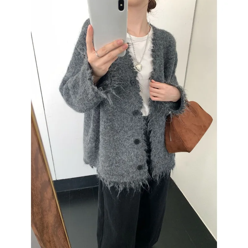 Vintage Gray Tassel Long-Sleeve V-Neck Single Breasted Knitted Cardigan Sweater Autumn Women Elegant Loose Solid Jacket Casual 5