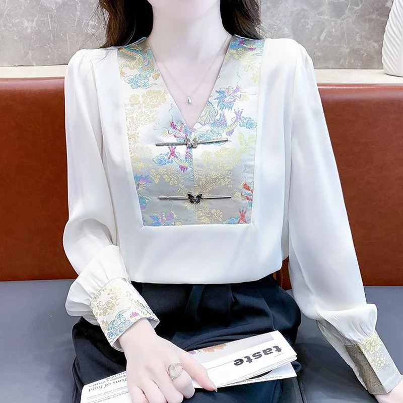 Vintage Embroidery Loose Blouse Spring Autumn V Neck Long Sleeve Solid Patchwork Elegant Shirt Tops Fashion Y2K Women Clothing