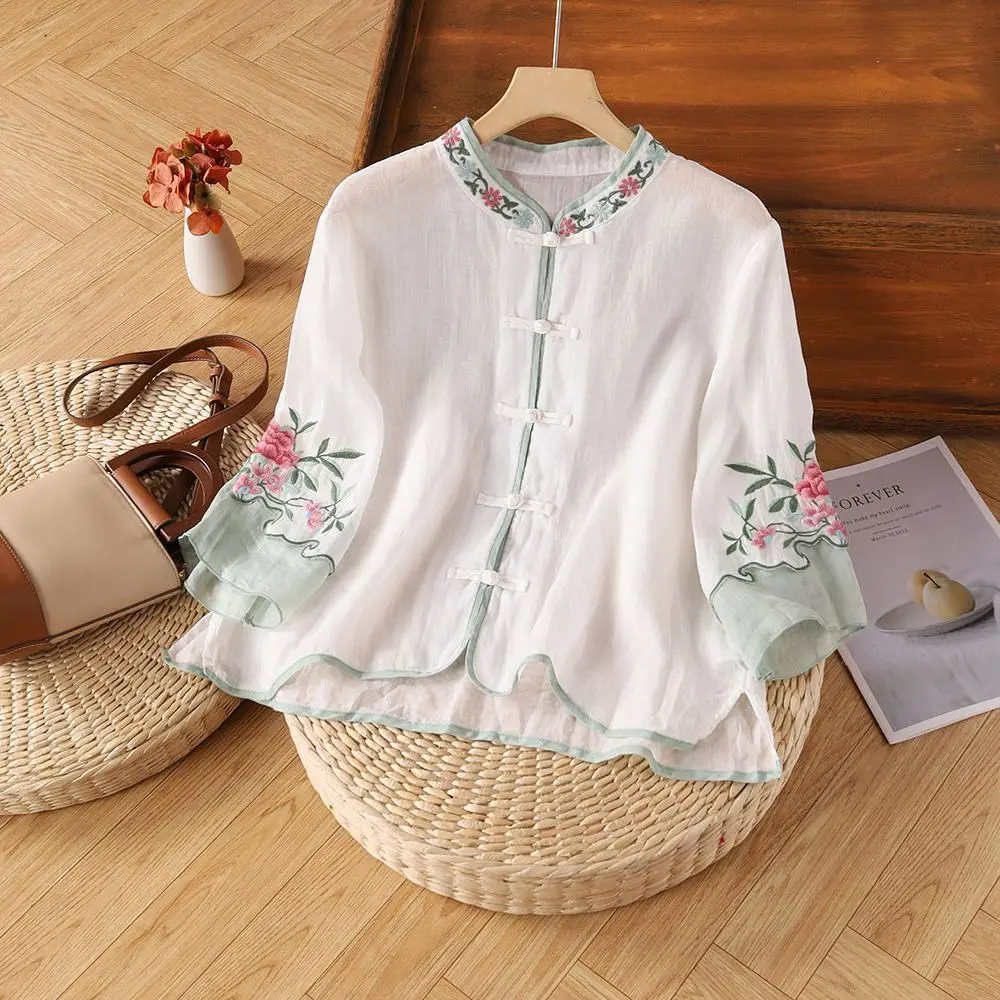 

Women Shirt Cotton Linen 2026 Summer Retro Embroidered Top Loose Fitting Button Up Seven Quarter Sleeves