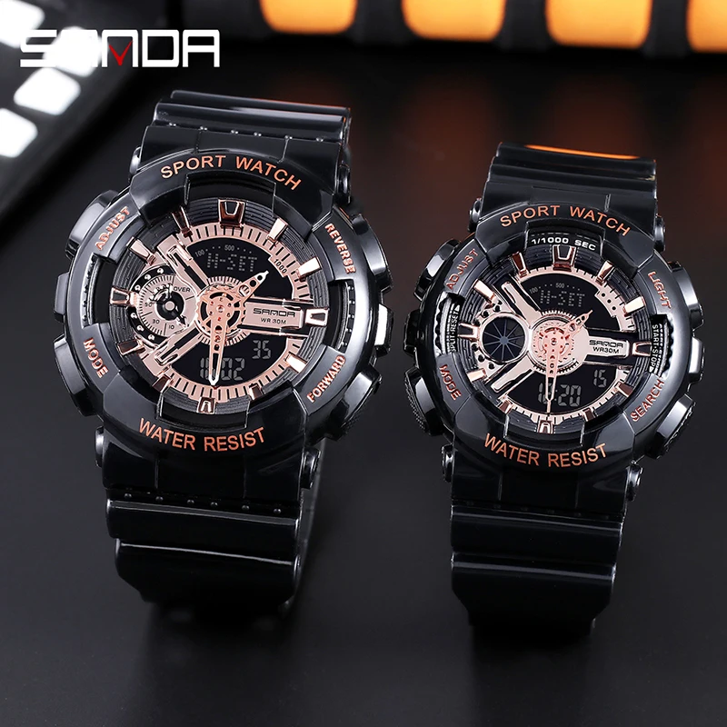 Sanda 2023 Nieuwe Mode Multifunctionele Klassieke Paar Horloge Dual Display Horloge Hd Led Lichtgevende Waterdichte Horloges Reloj Hombre