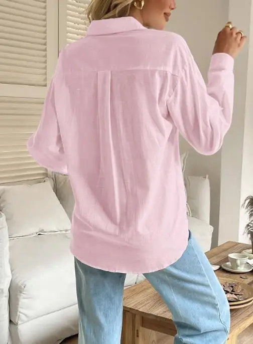 Camisa de manga larga con botones decorativos bordados y solapa de Color sólido de otoño para mujer, camisa informal de manga larga ajustada Simple