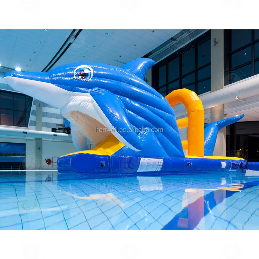 Kids Super Fun Inflatable Dolphin Pool Slide Bounce Water Slide Swimming Pool Floating Platform Slide With Air Blower For Sale