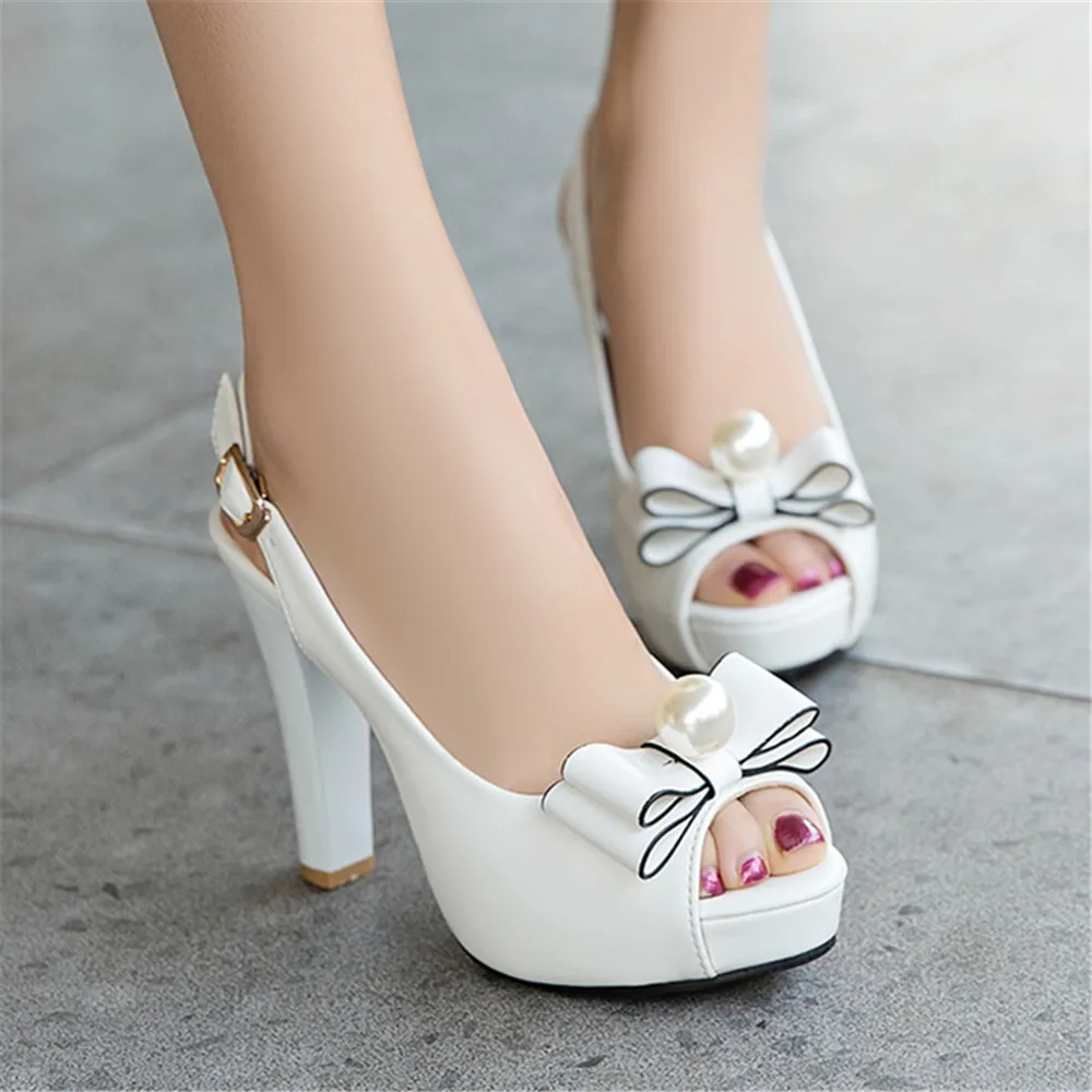 2024 Summer Women Platform High Heels Fashion Bow Peep Toe Slingbacks Ladies White Pink Black Bride Wedding Shoes Party Pumps