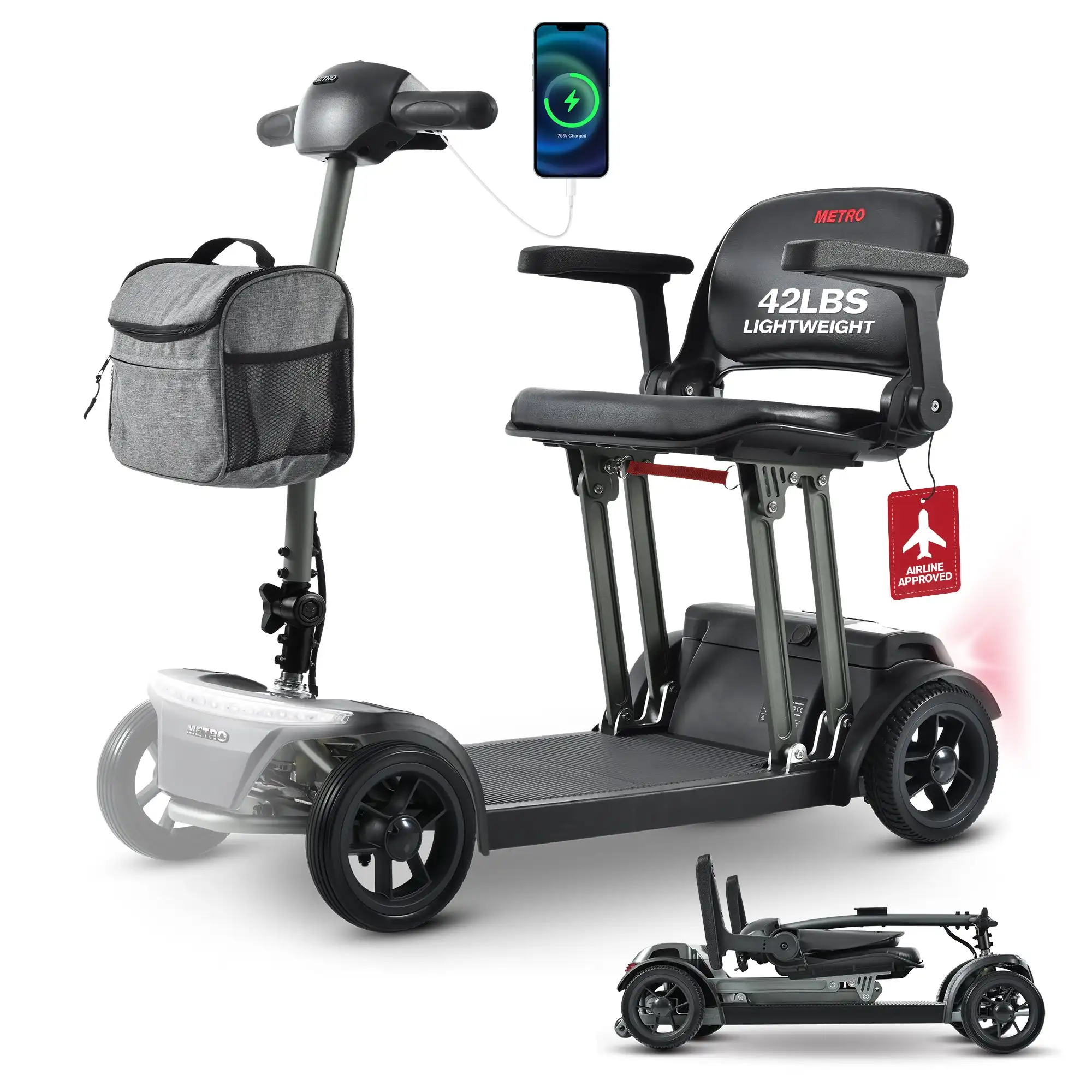 METRO MOBILITY AIR TRAVELER 8-calowy skuter dla osób poruszających się na 4 kołach Silnik 180 W Akumulator 24 V 20 Ah