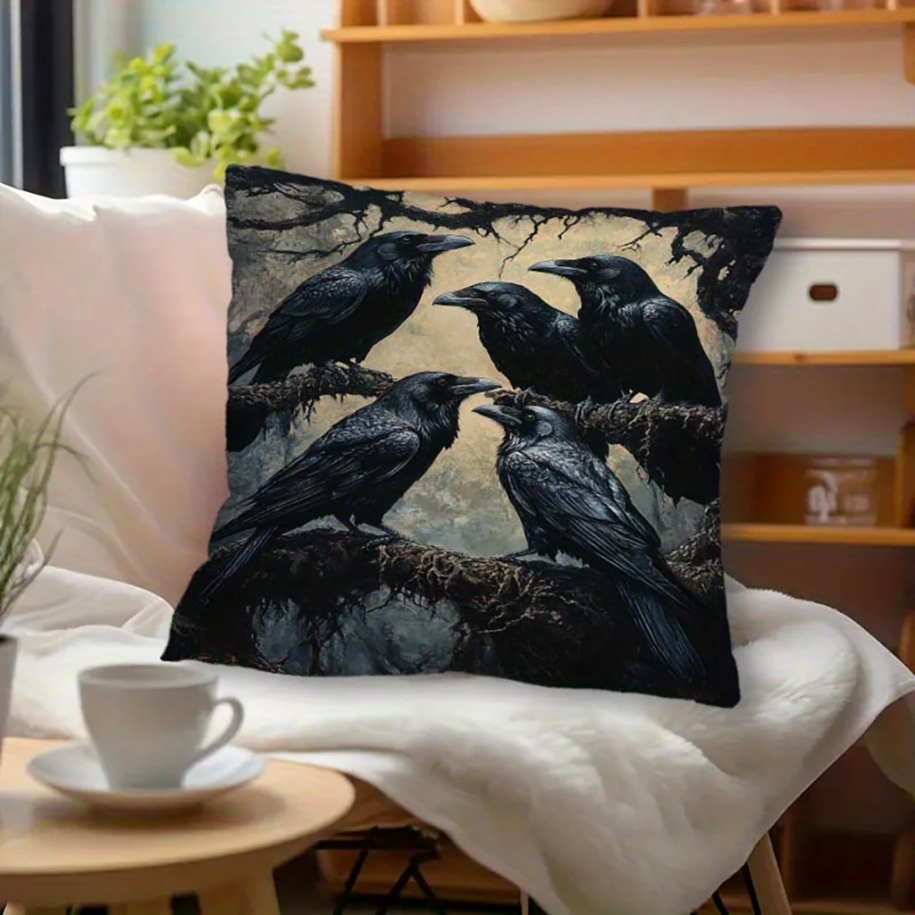 1PC Throw Pillow Cover,Black Crow Raven Flock Print,Gothic Vintage Style,For Sofa Bedroom Couch Home Decor