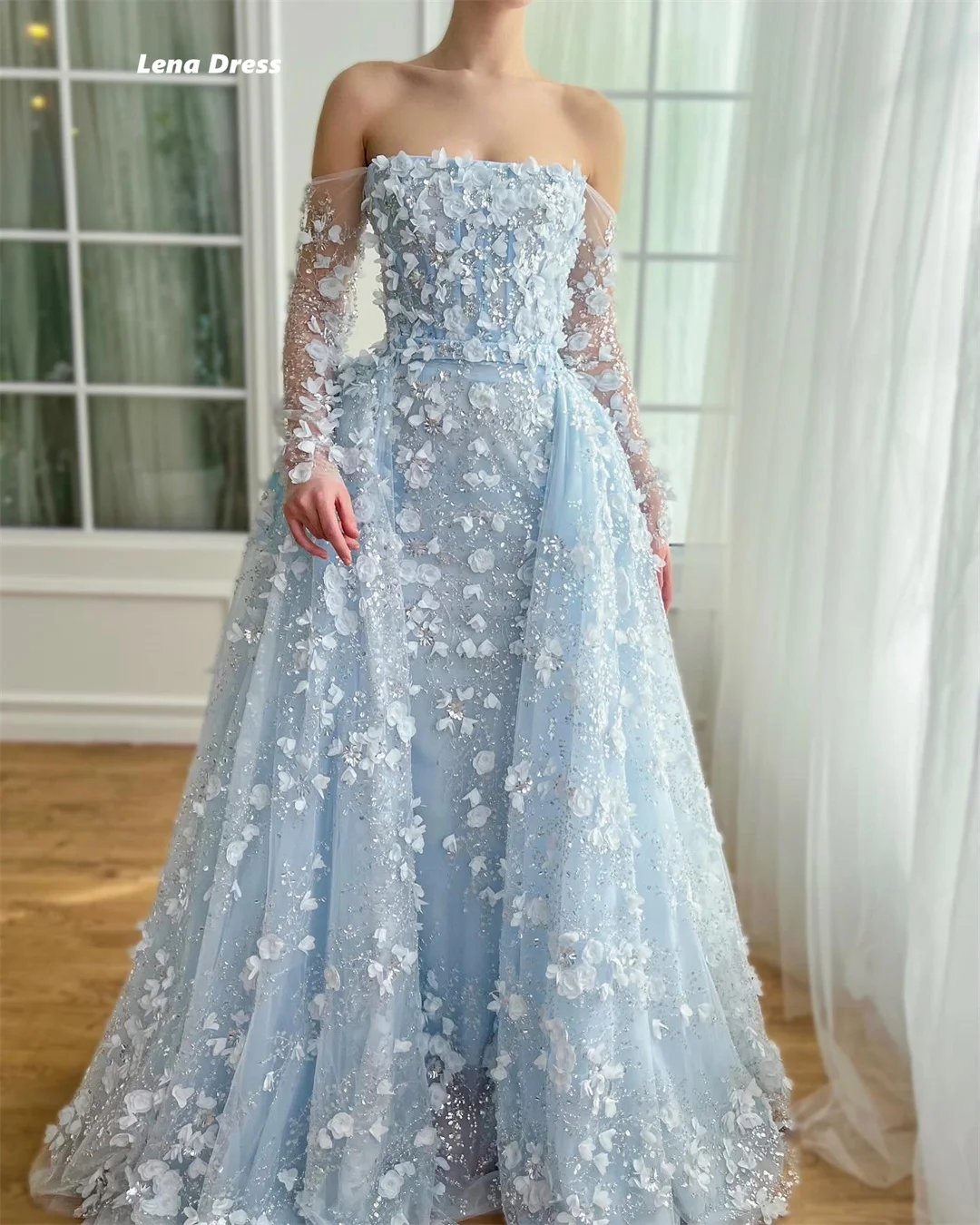 Lena Line A robes de soirée élégantes pour mariage femme sur mesure robe de soirée pour femmes de luxe 2025 épaules dénudées fleur dentelle bal