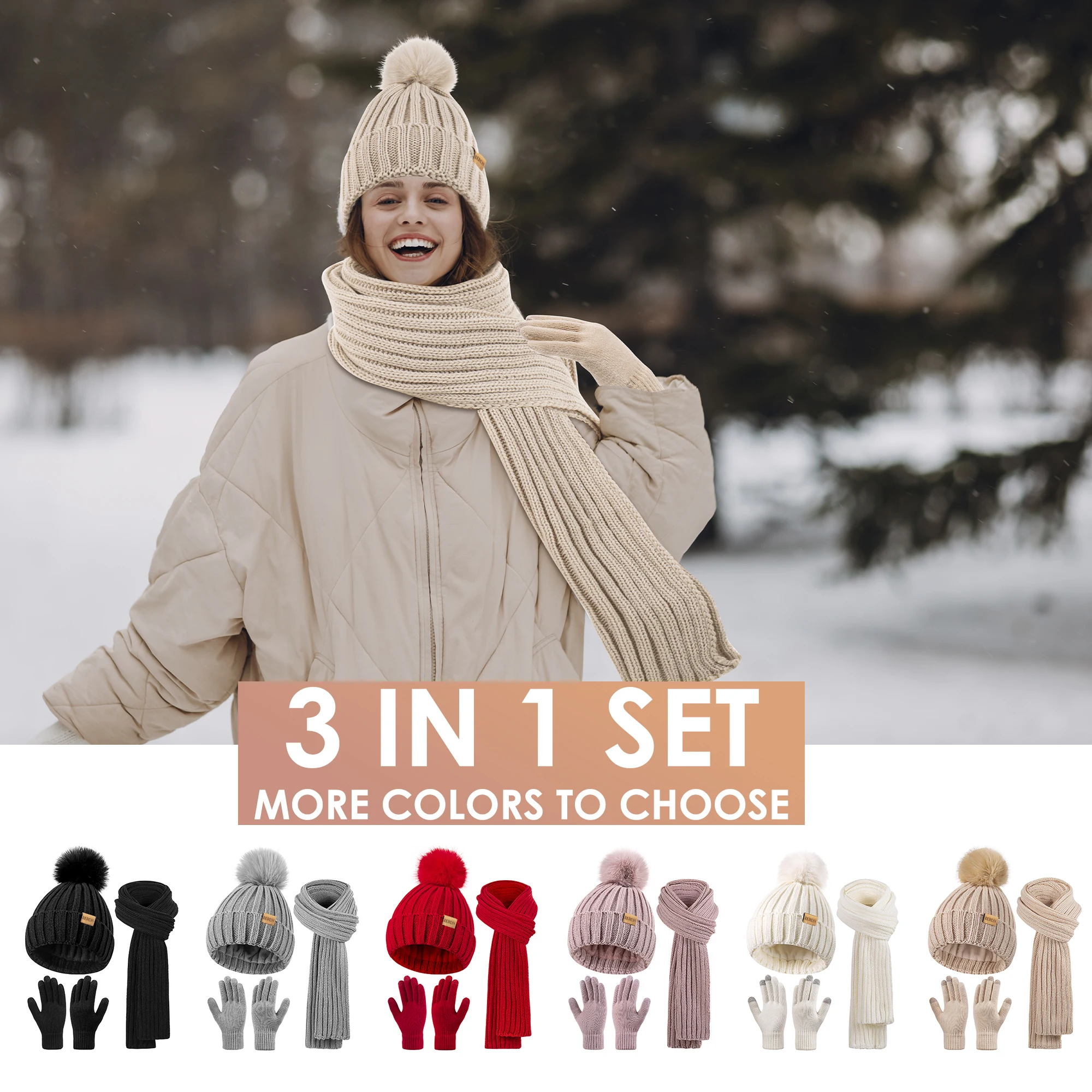 Chapéu de pompom casual de inverno feminino, luvas elásticas e quentes, cachecol longo de malha, conjunto de três peças, solto e confortável