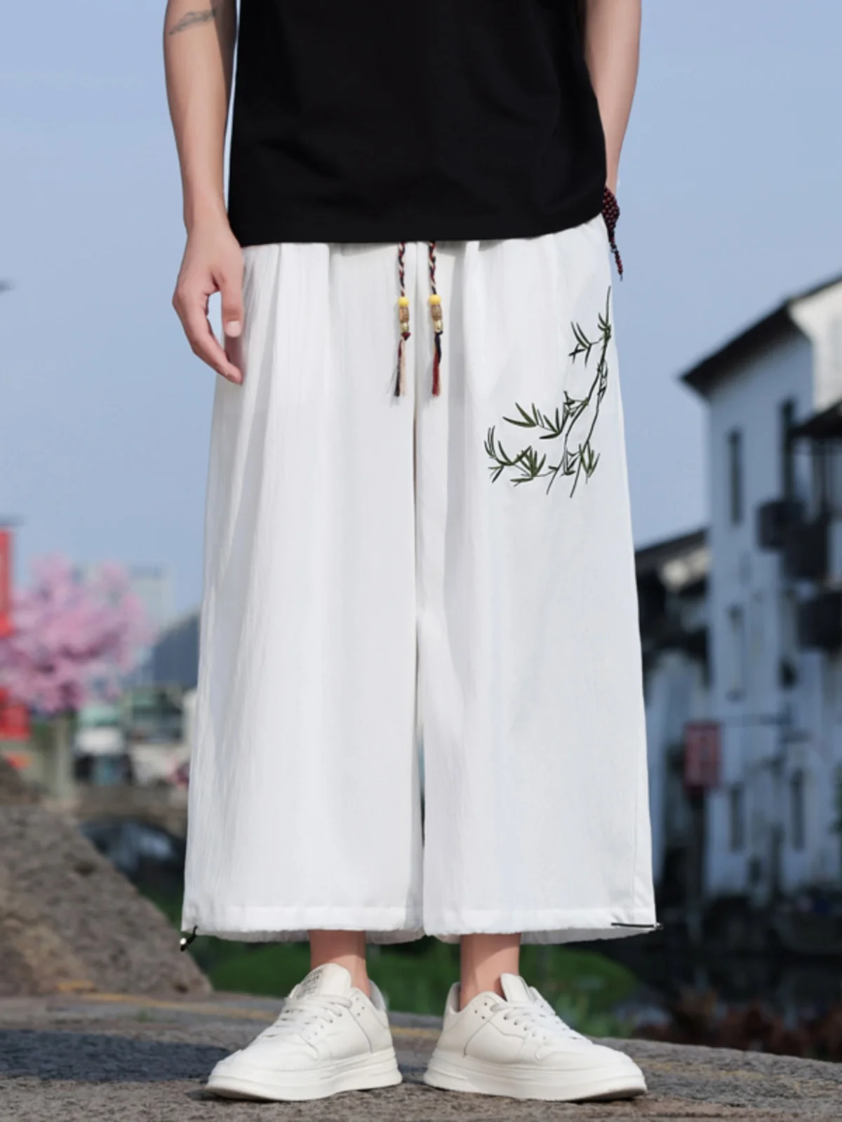 

Летние мужские повседневные брюки с бамбуковой вышивкой, ледяной шелк, широкая юбка ханьфу, прямая драпировка, девять точек, свободная посадка Faion