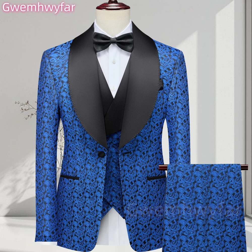 

Gwenhwyfar Royal Blue Pattern Suits For Men Slim Fit England Business Wedding Tuxedos Tailor-Made Fashion Blazer Pants Vest