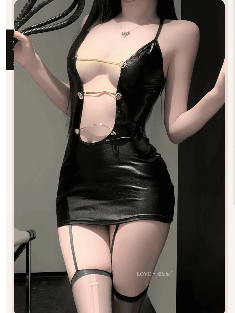 Sexy cinta puro desejo corrente halter couro patente night club rainha tentação roupa vestido elegante tanque mini vestido doce vk1t