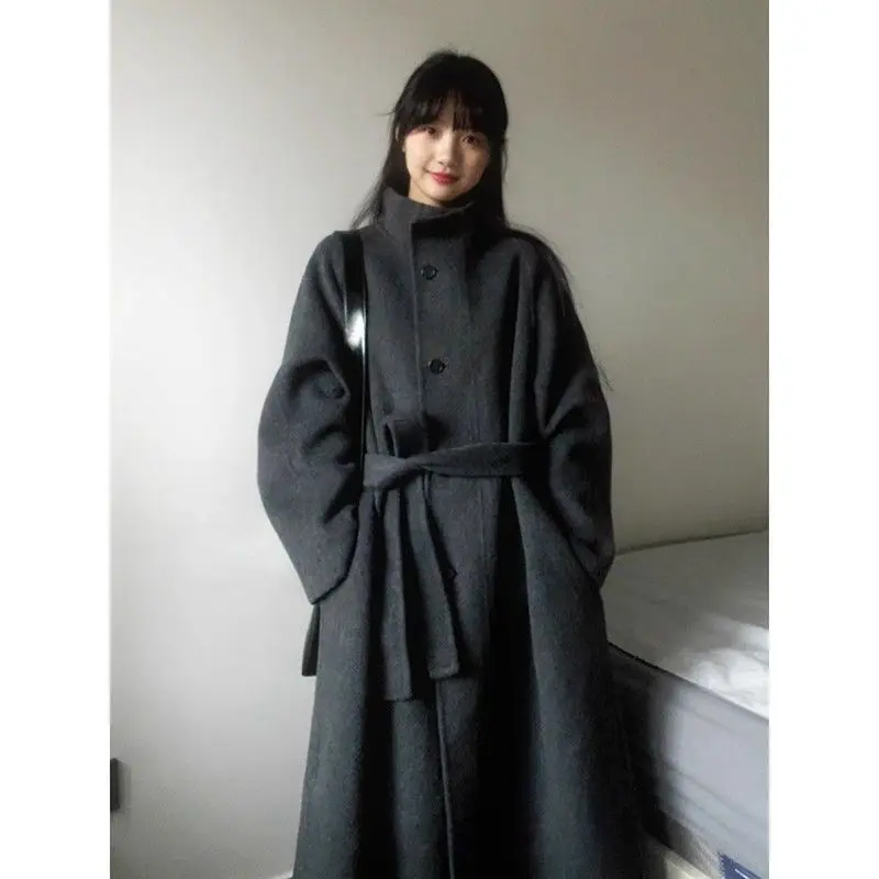 Gray Woolen Coat Women's Mid-Length Korean Style Small Size Autumn Winter New Fashion Thickened Female Outerwear Coat