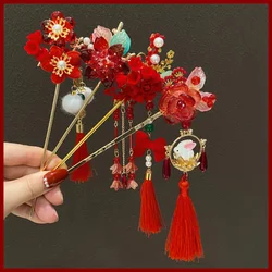 Vintage Pendant Hair Stick Ancient Style Red Flower Hanfu Hairpin Hair Sticks for Buns Cheongsam Hanfu Chinese Headwear Women