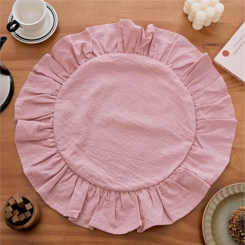 SHGO-Scalloped Ruffled Edge Solid Color Cloth Placemats Korean Style Washable Dining Table Mats Minimalist Fabric Place Mats