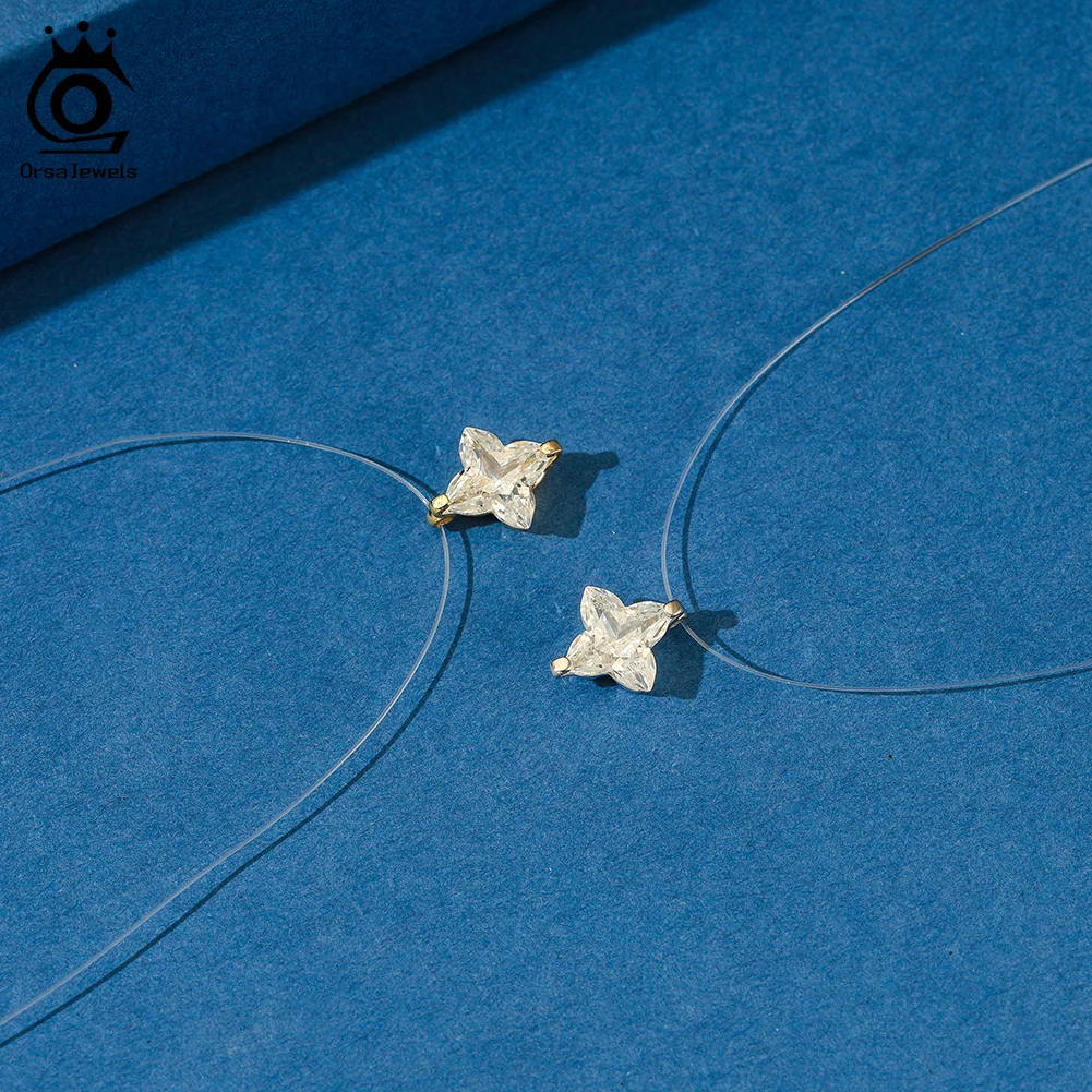 

ORSA JEWELS Dainty Invisible Line 925 Silver Simple Flower 8A Cubic Zirconia Choker Chain Transparent Fishing Line Collier LZN33