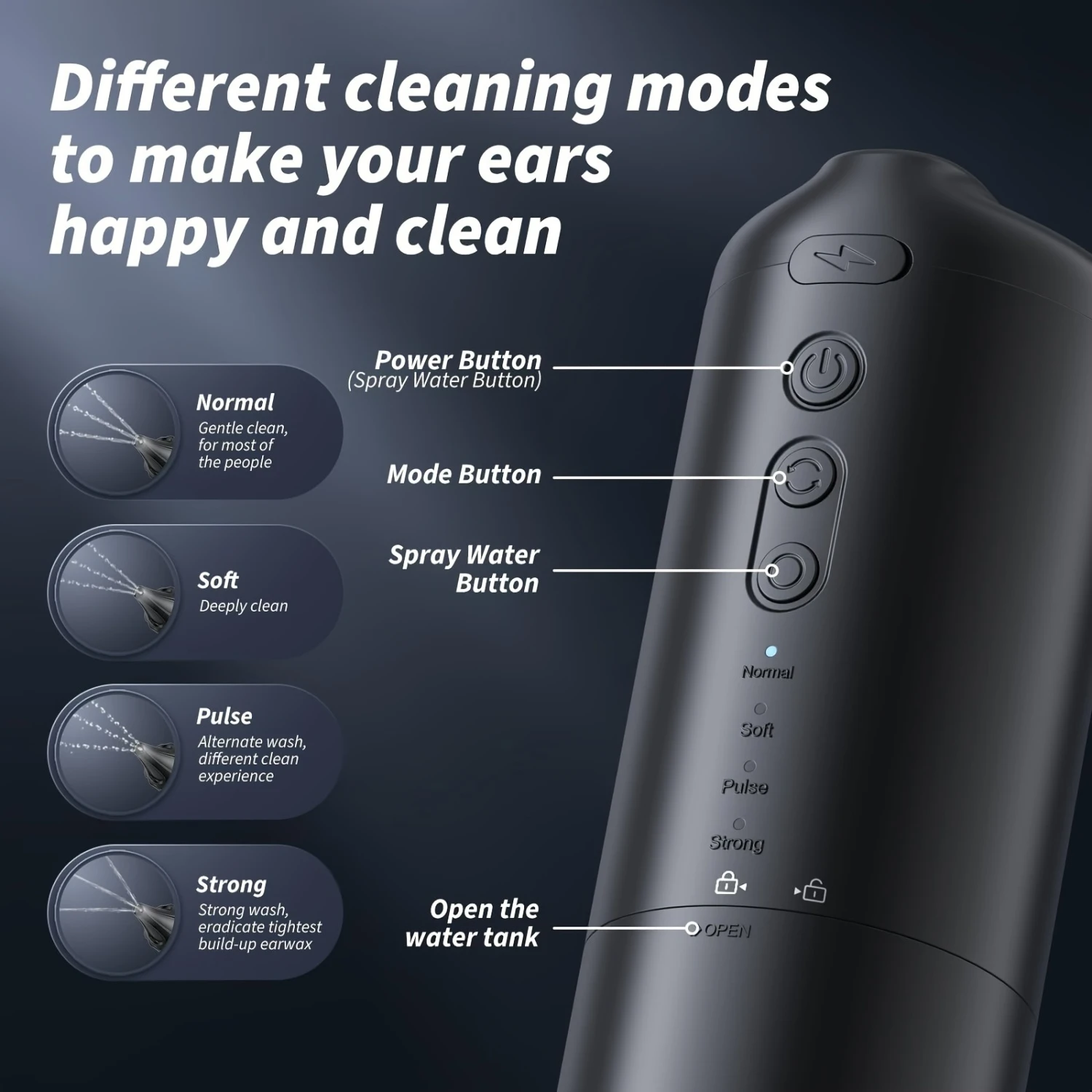 ชุดกําจัดขี้หูแบบพกพาน้ําหนักเบา - ระบบทําความสะอาดหูที่อ่อนโยนและมีประสิทธิภาพพร้อมโหมดแรงกด 4 โหมด - หู Irr ที่ขับเคลื่อนด้วยน้ํา