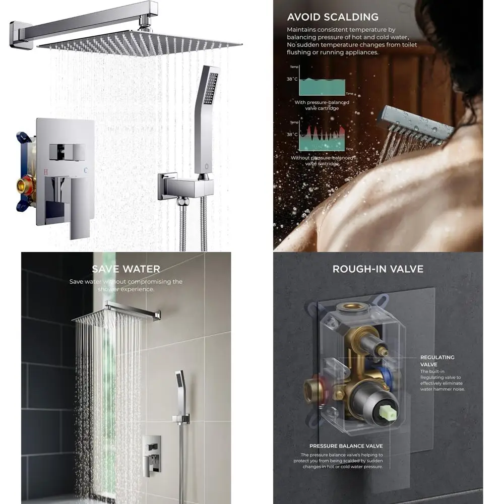 

10 Inch Rain Shower Head System with Handheld Combo, Solid Brass Pressure Balanced Valve, and Tri-Function Shower Faucet Set