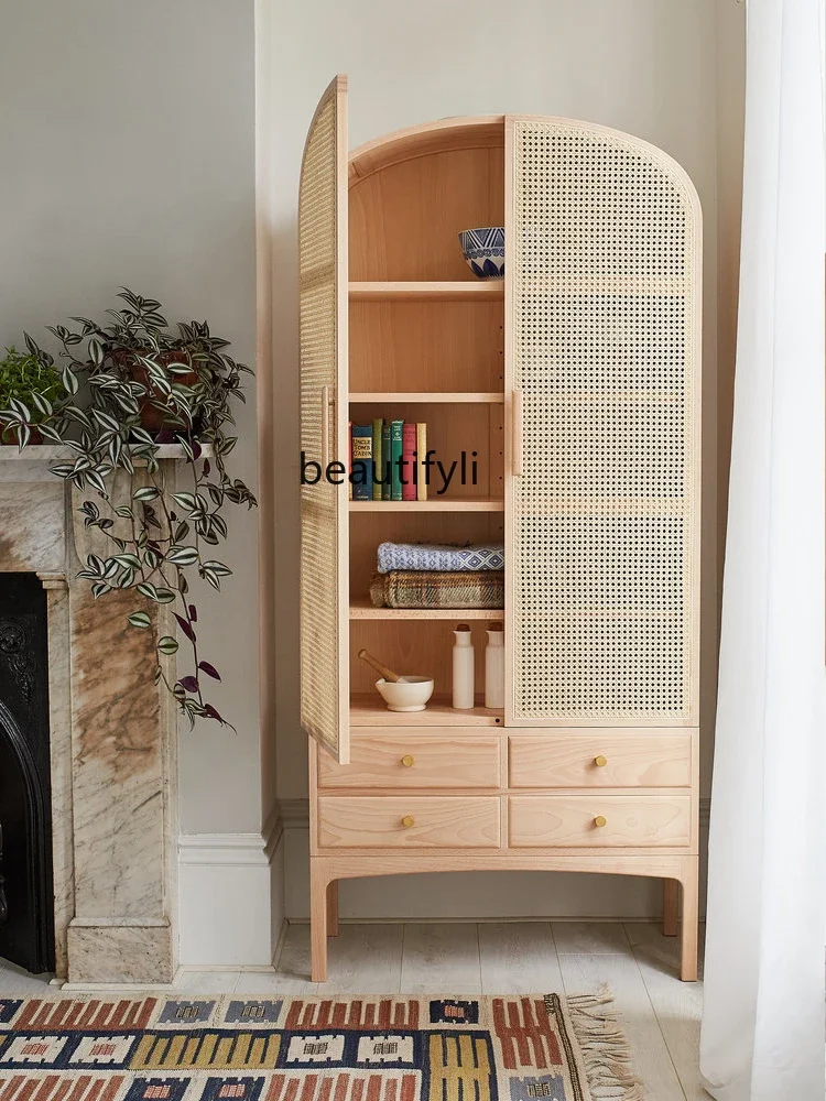 Nordic Homestay Solid Wood Rattan Wardrobe Double Door Design Hotel Japanese Style Small Apartment Wood Color Storage Locker