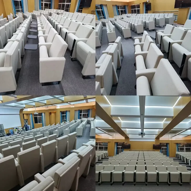 講堂用テーブルと椅子（筆記板付き）、講演会場用座席、会議室用ソファチェア、耐久性のあるデザイン
