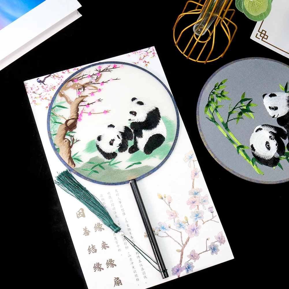 Embroidery Fan Silk Chinese Style Panda Bamboo Plum Blossom Hand Fan Cheongsam Performance Dance Tassel Fan Home Decoration