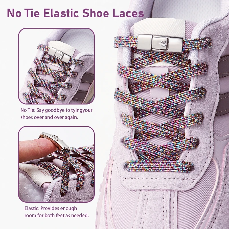 2Pairs Gold Glitter No Tie Shoelaces With Metal Press Lock Elastic Flat Laces For Sneakers Stretchy Shoestrings For Adults Kids