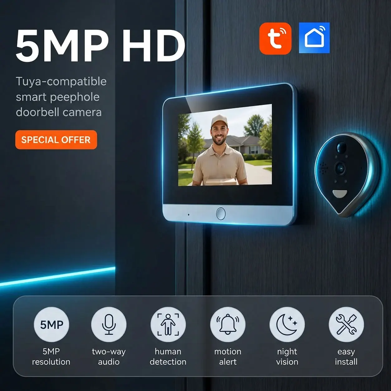 

Tuya Smart Life Wireless Peephole Viewer 5mp 4.3 Inch Wifi 940nm IR Motion Detection Door Camera with Huge 5000mah Battery
