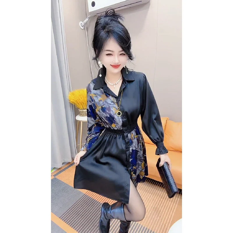 블랙 패션 프린팅 드레스 여성 2025 봄 여름 신상 드레스 허리 스티칭 컬러 싱글 버튼 셔츠 코트 탑 여성