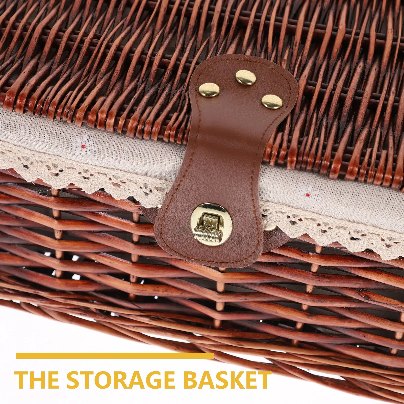 

Woven Storage Basket with Lid Liner PU Strap Alloy Buckle Large Space for Bathroom Bedroom Kitchen Decorative Organizer