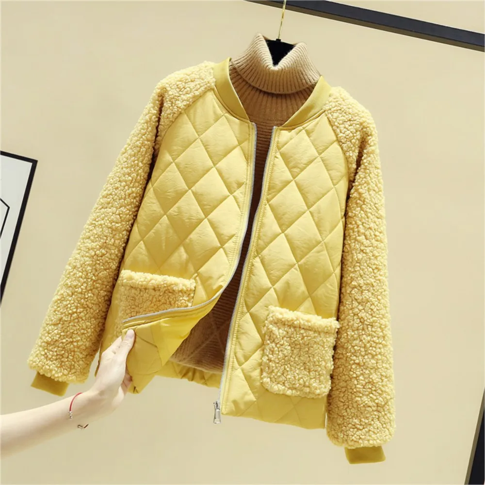 Fashion Short Imitation Wool Lamb Splicing Women\'s Coat Winter New Small Cotton Padded Jacket Casual All-match Female Coat Tops